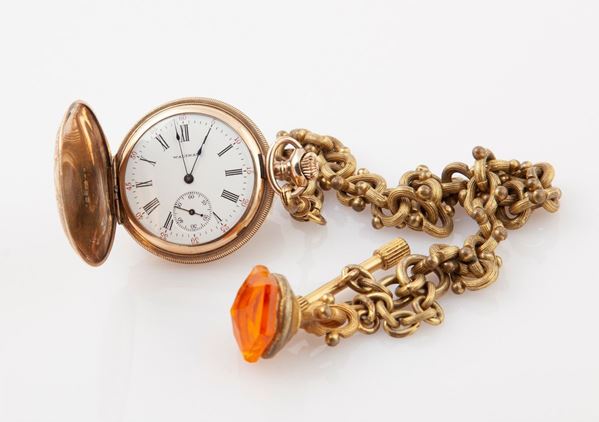 Waltham - Orologio da tasca a savonette remontoir da uomo in metallo dorato con catena con pendente in metallo dorato