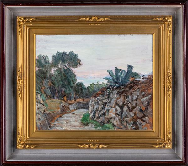 Dipinto scogliera con agavi e pini