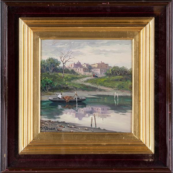 Leon Giuseppe Buono - Paesaggio fluviale con pescatore in barca