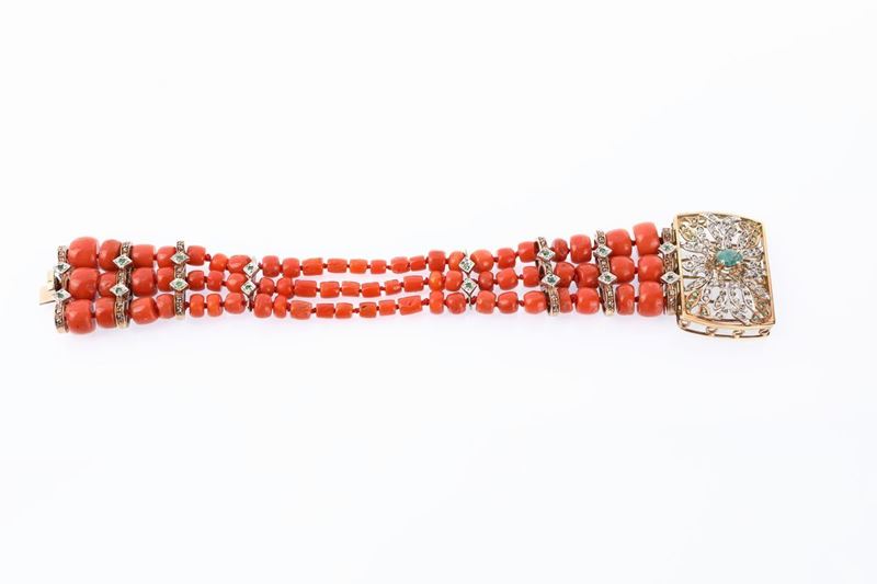 Bracciale in Oro, Corallo e Pietre Preziose