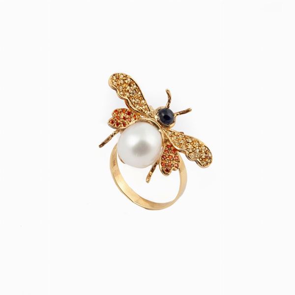 Anello movibile moschina in oro, argento, perle e pietre preziose