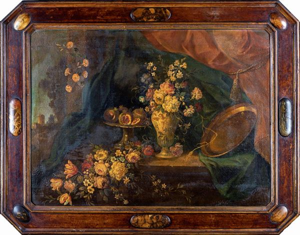 Pittore del XVIII secolo - Natura morta di fiori e melagrane