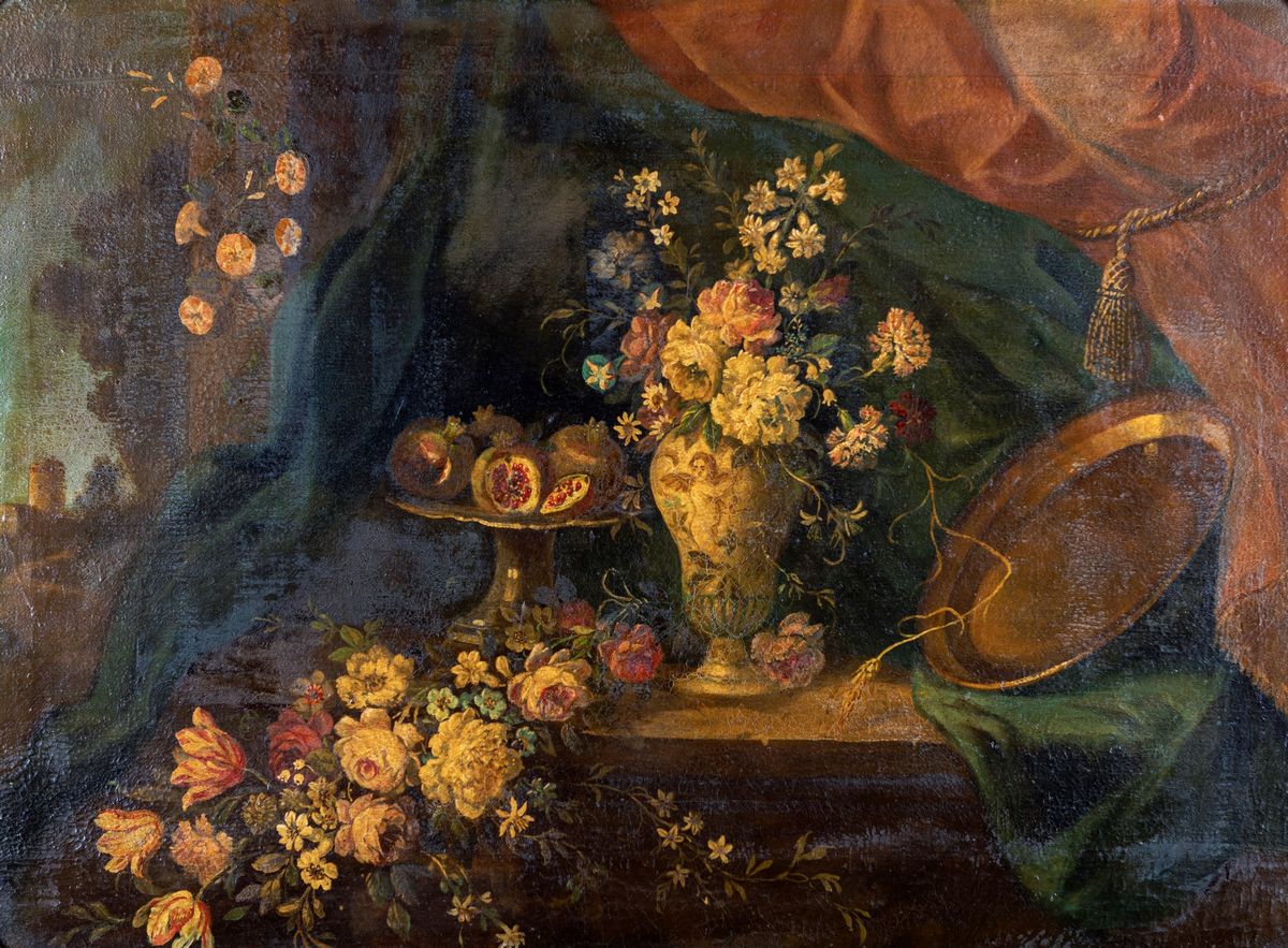Pittore del XVIII Secolo - Natura Morta di Fiori e Melagrane