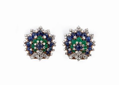 Bulgari - Coppia di Spille Anni '60 in Oro, Zaffiri, Smeraldi e Diamanti