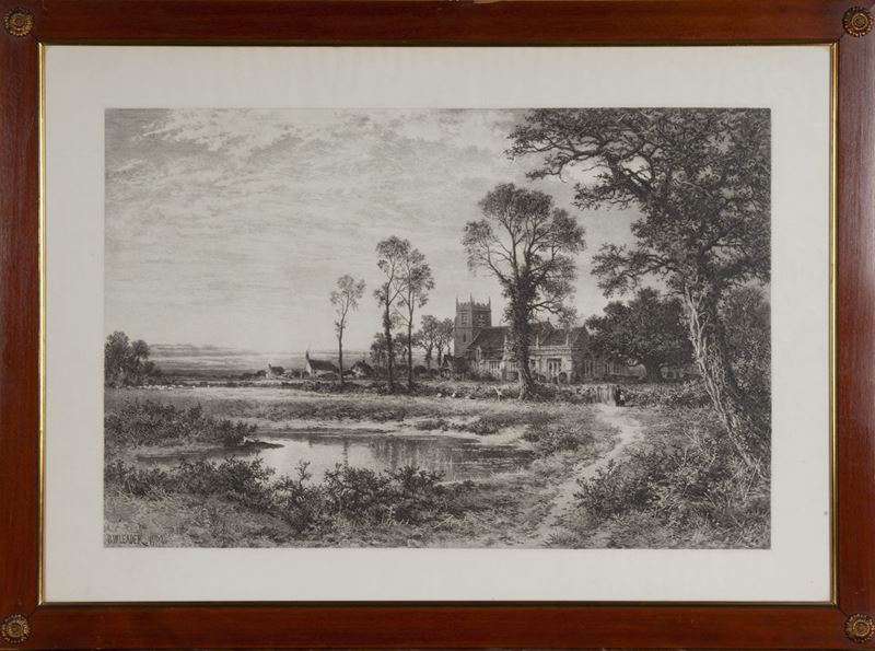 Benjamin Williams Leader - Paesaggio con Figure Armenti Presso uno Stagno con Chiesa e Casolari s...