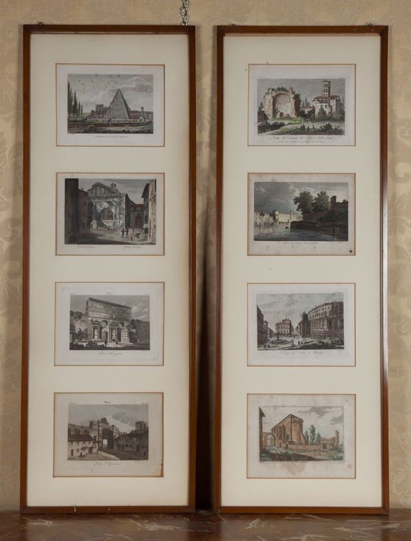 Due composizioni con quattro incisioni acquarellate, XIX secolo, con vedute di Roma di Francesco Piranesi, Bossi, Cavalieri ed altri