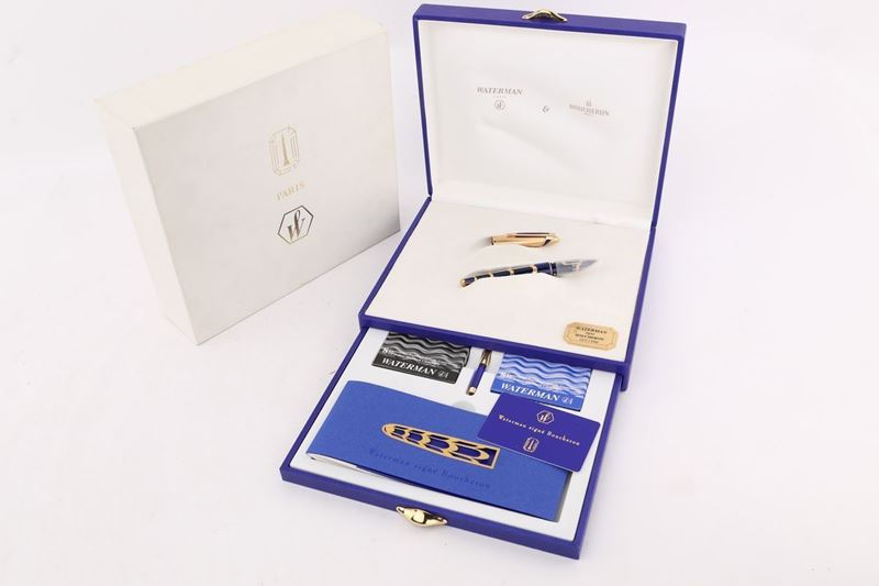 Waterman Edson Boucheron - Penna Stilografica con Struttura in Oro Giallo 18 Kt e Resina Blu. Spe...