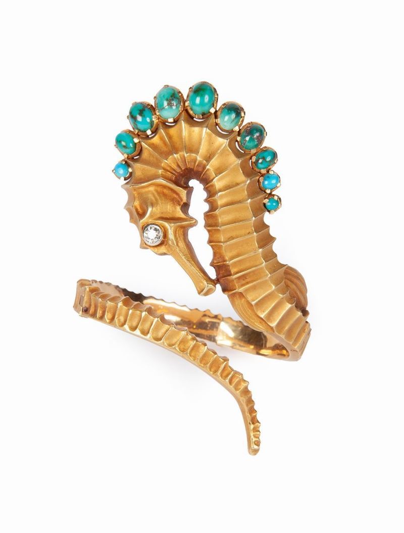 Bracciale Cavalluccio Marino, Oro Diamanti e Turchese