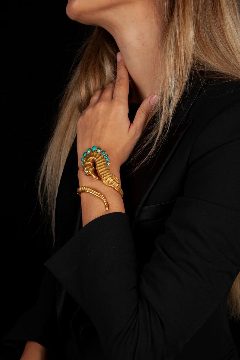 Bracciale Cavalluccio Marino, Oro Diamanti e Turchese