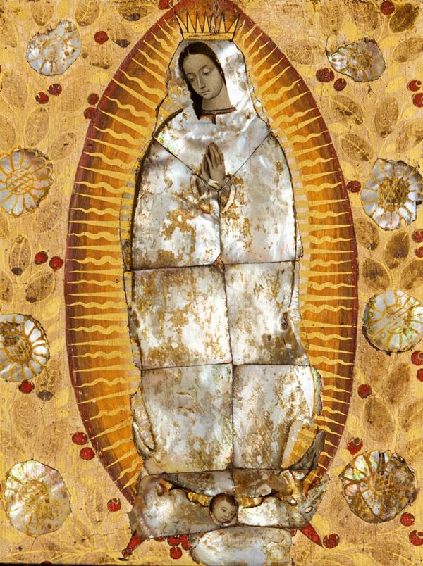 Miguel Gonzalez : Vergine di Guadalupe con incrostature in madreperla. -  Olio su tavola - Asta Dipinti Antichi e del XIX Secolo - Casa d'Aste Arcadia