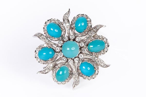 Spilla anni '50 con turchese persiano e diamanti  - Asta Fine Jewels and Watches - II - Casa d'Aste Arcadia