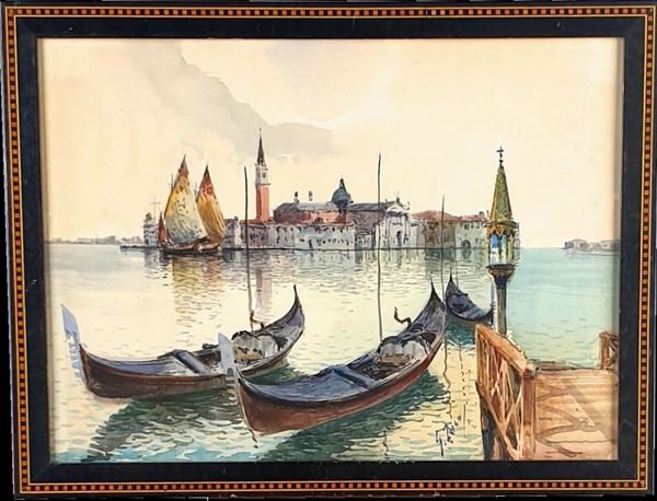 Pittore del XIX secolo - Veduta di Venezia con gondole