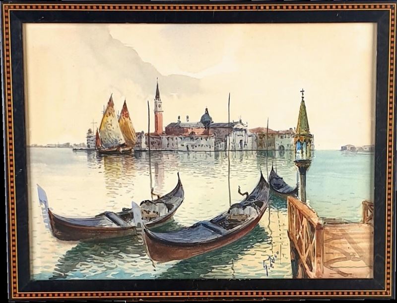 Pittore del XIX Secolo - Veduta di Venezia con Gondole