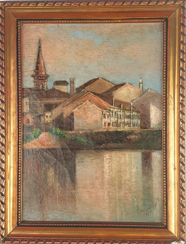 Pittore del XIX secolo - Veduta di città dietro a uno specchio d'acqua