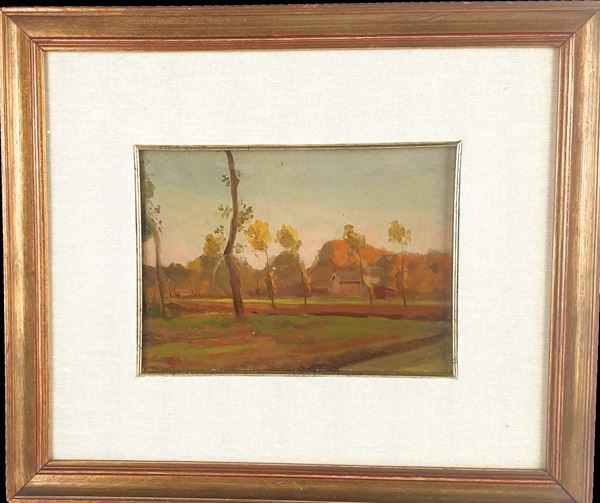Pittore del XIX secolo - Veduta di pianura con alberi e cascina.