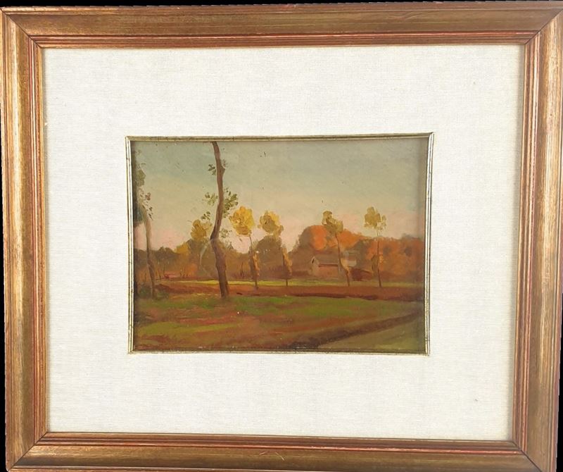 Pittore del XIX Secolo - Veduta di Pianura con Alberi e Cascina.