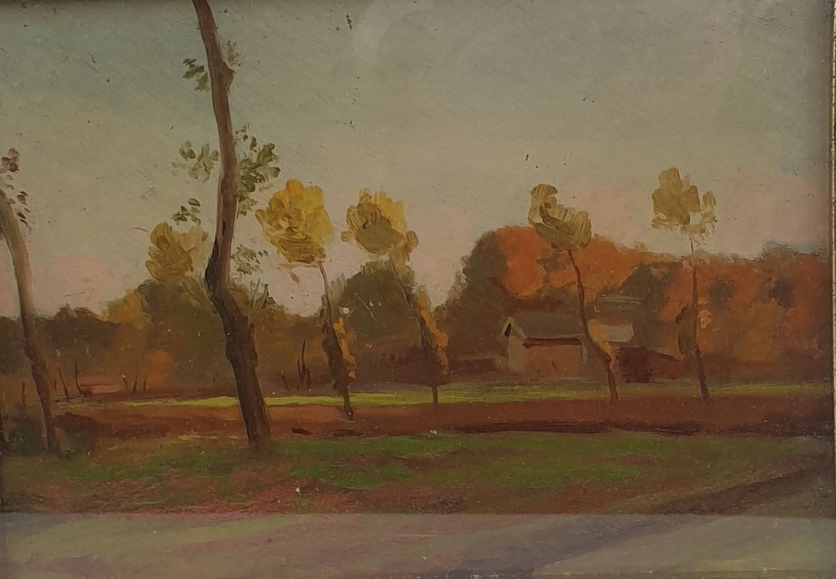 Pittore del XIX Secolo - Veduta di Pianura con Alberi e Cascina.