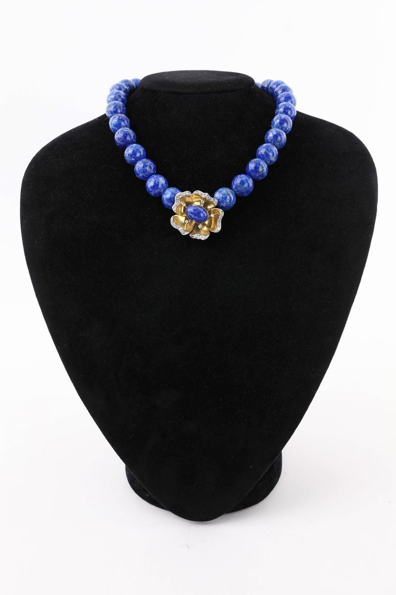 Collana in Sodalite e Oro e Brillanti