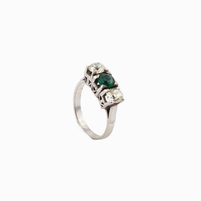 Anello Riviera in Oro con Pietra Verde e Diamanti Anni '20
