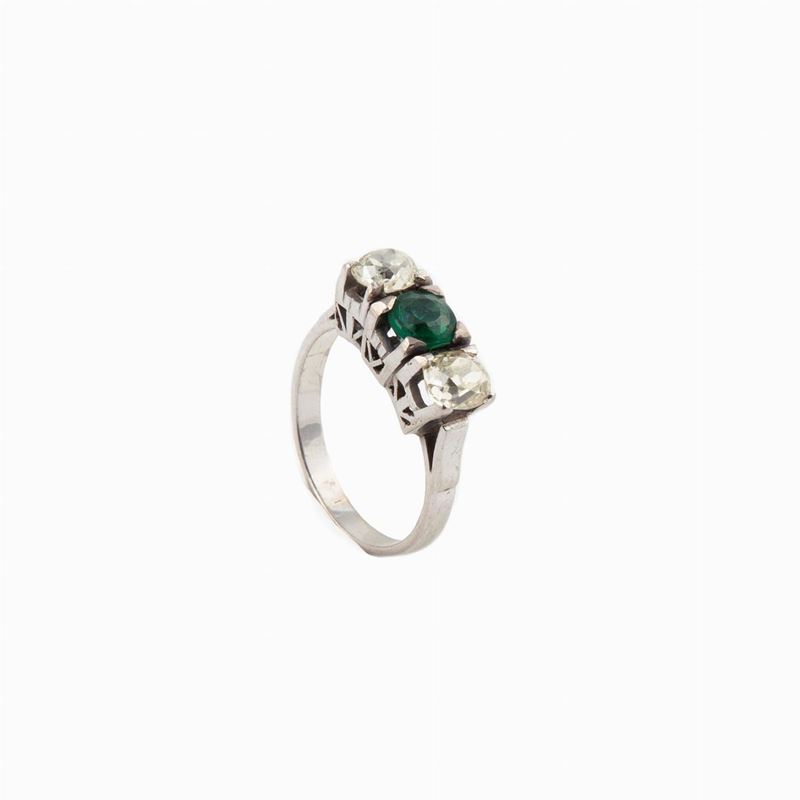Anello Riviera in Oro con Pietra Verde e Diamanti Anni '20