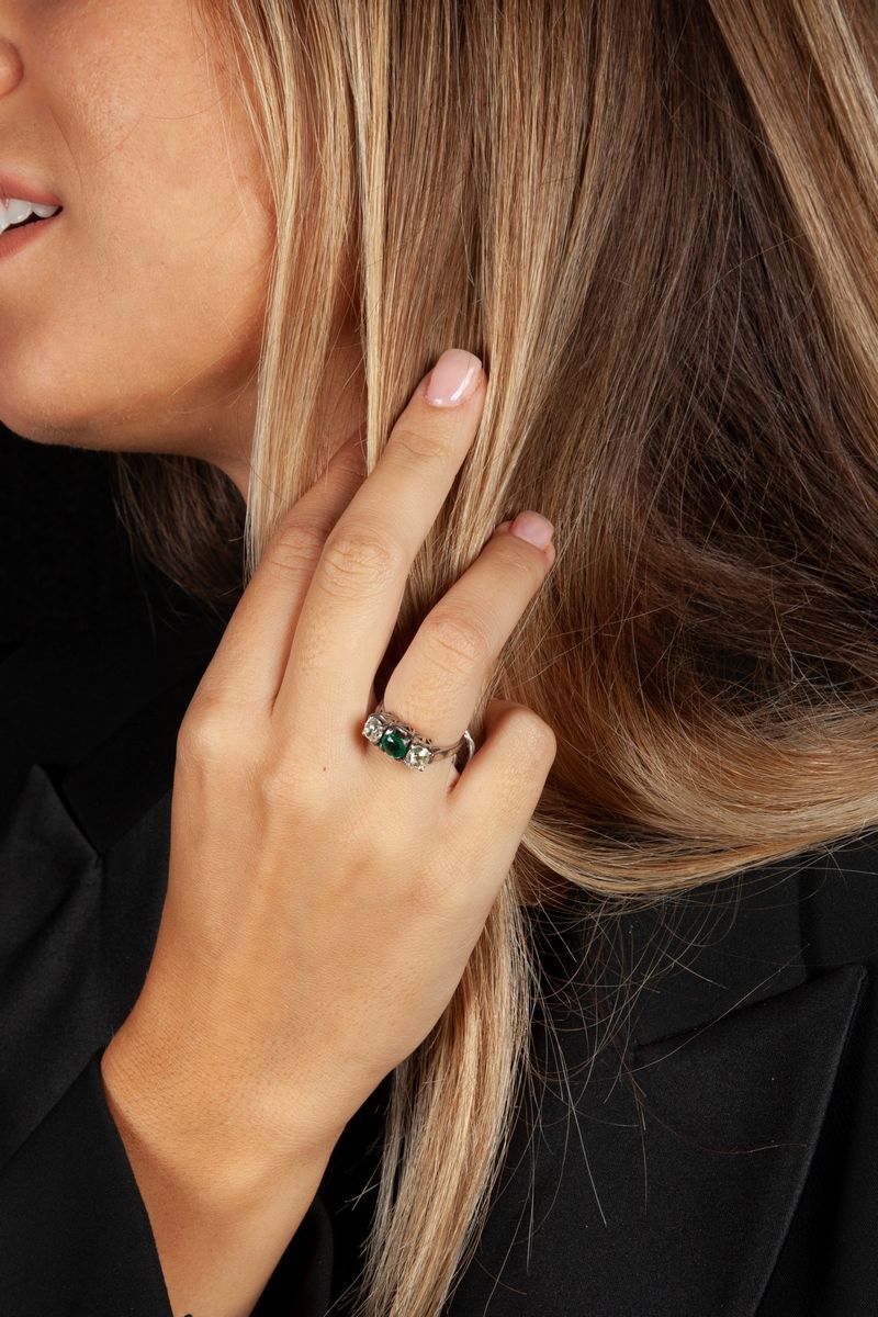 Anello Riviera in Oro con Pietra Verde e Diamanti Anni '20