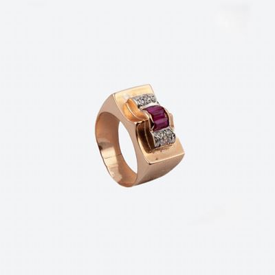 Anello a Ponte in Oro con Rubini Sintetici e Brillanti Anni '40
