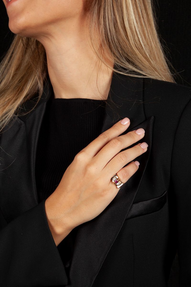 Anello a Ponte in Oro con Rubini Sintetici e Brillanti Anni '40
