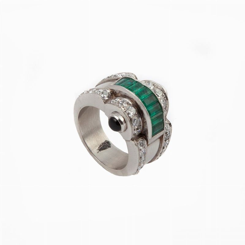 Anello a Ponte in Oro, Smeraldi e Diamanti