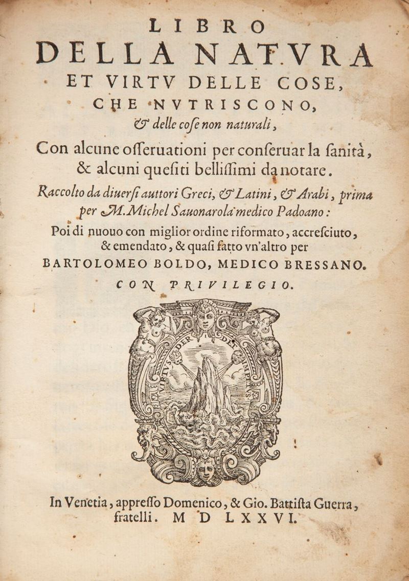 Michele Savonarola, Bartolomeo Boldo. Libro della Natura Et Virtu delle Cose, che Nutriscono, e d...