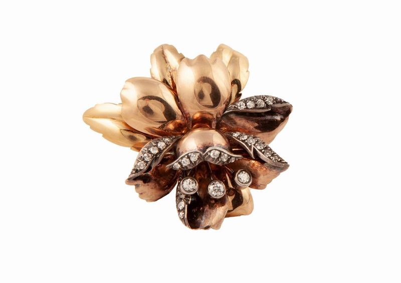 Spilla Ad Orchidea Anni '40 in Oro e Brillanti