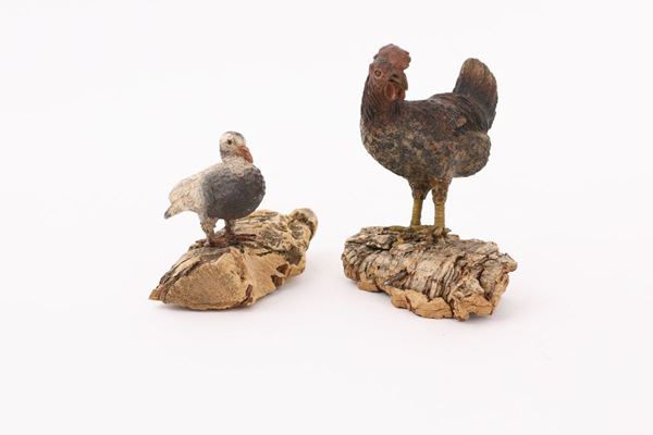 Gallinella e piccione in terracotta policroma
