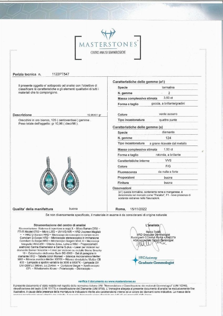 Coppia di Orecchini in Oro, Tormalina Paraiba e Brillanti