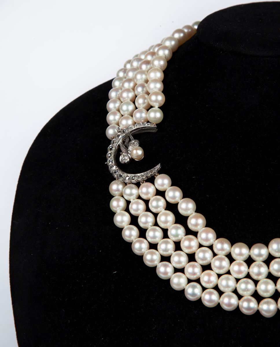 Collana di Perle a Quattro Fili e Diamanti Anni '30