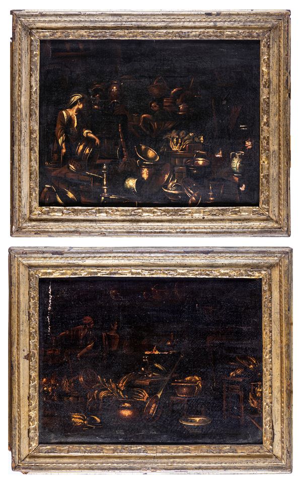 Giovanni Domenico Valentini - Coppia di dipinti con interni di cucina
