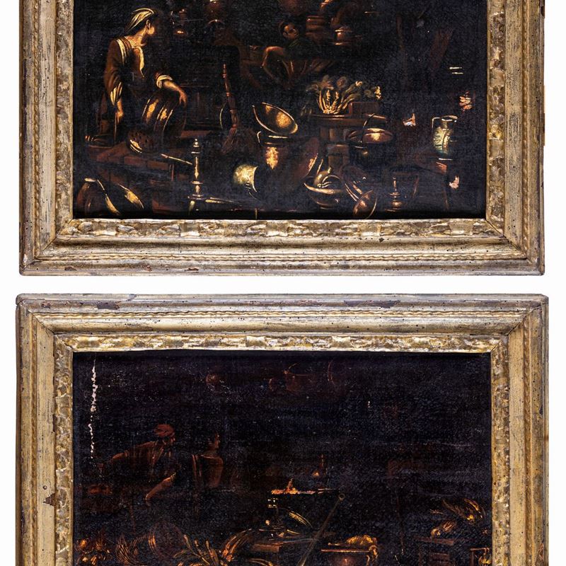 Giovanni Domenico Valentini - Coppia di Dipinti con Interni di Cucina