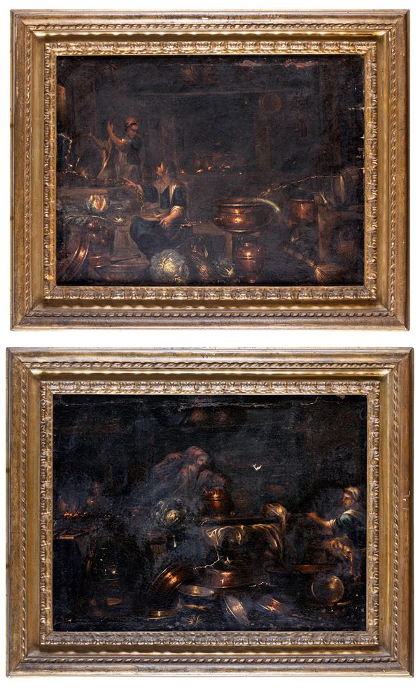 Giovanni Domenico Valentini - Coppia di dipinti con interni di cucina