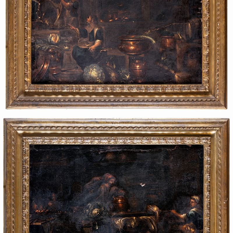 Giovanni Domenico Valentini - Coppia di Dipinti con Interni di Cucina