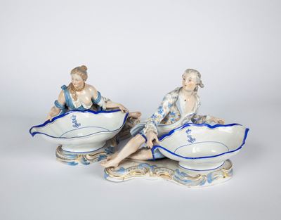 Coppia di Grandi Saliere da Tavola in Porcellana Policroma, Meissen, XIX Secolo
