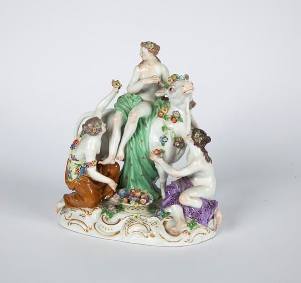 Gruppo in porcellana policroma, Meissen, modello di Johann Joachim Kaendler, seconda metà del XIX secolo