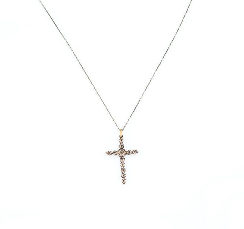 Croce in Argento con Rose di Diamante e Catena