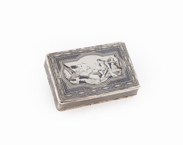 Tabacchiera rettangolare in argento inciso e niellato, XIX secolo