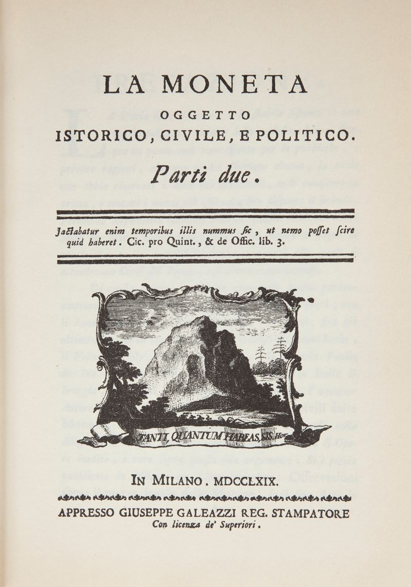 La Moneta. Oggetto Istorico, Civile, e Politico. Parte Prima e Parte Seconda. Ristampa Anastatica...