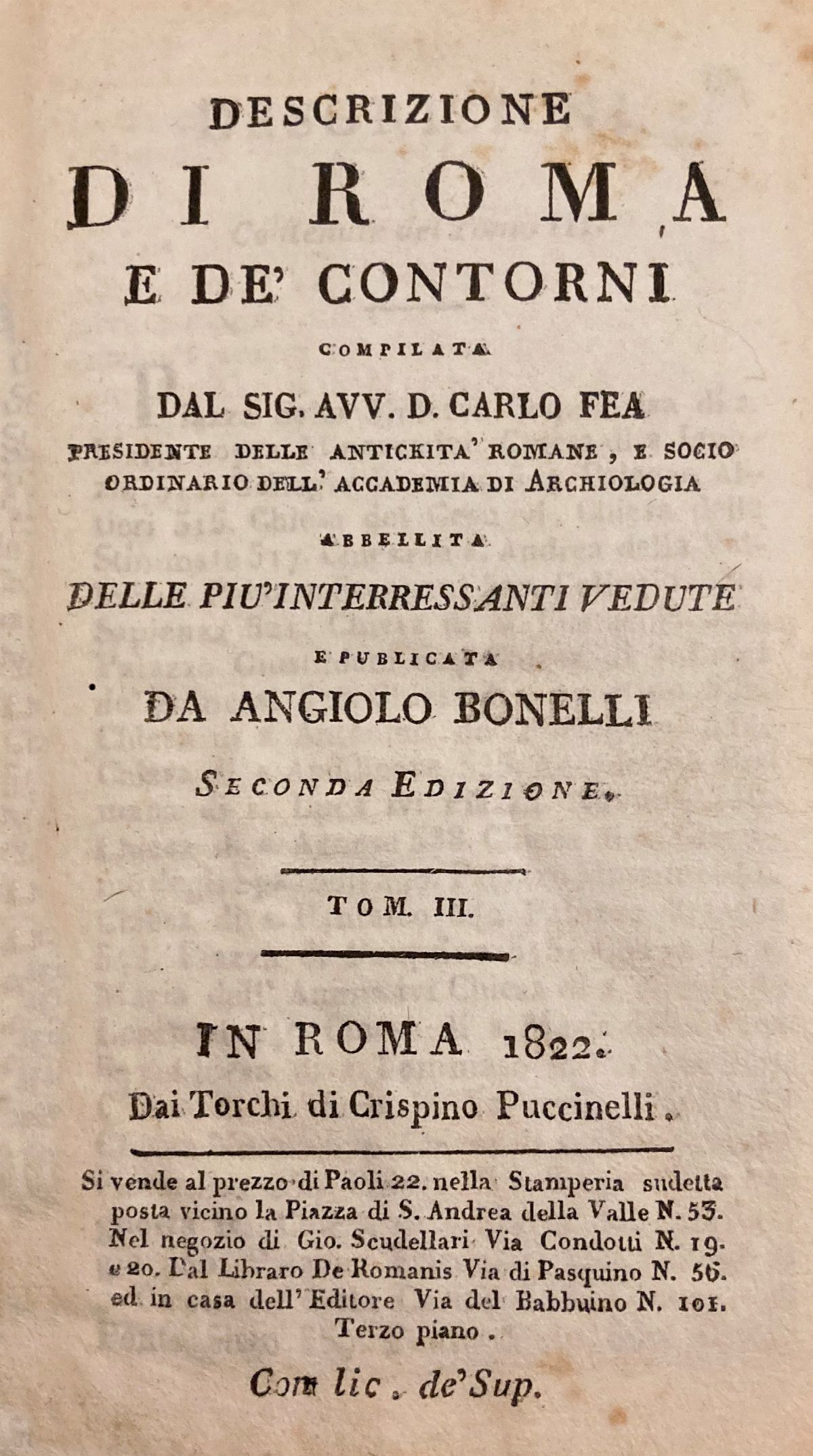 Carlo Fea - Descrizione di Roma e De' Contorni Abbellita delle Più Interessanti Vedute e Pubblica...