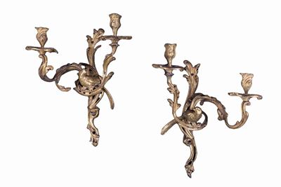 Coppia di Appliques a Due Luci in Bronzo Dorato, XIX Secolo