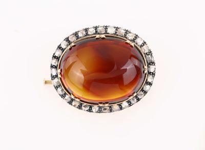 Spilla in Oro, Argento Diamanti e Ambra Cabochon