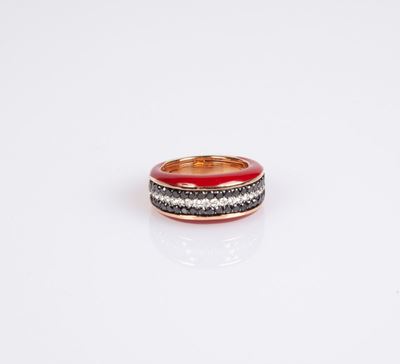 Anello in Oro, Smalto Rosso, Diamanti Bianchi e Neri