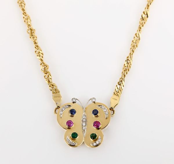 Collana farfalla in oro zaffiri rubini, smeraldi e brillanti