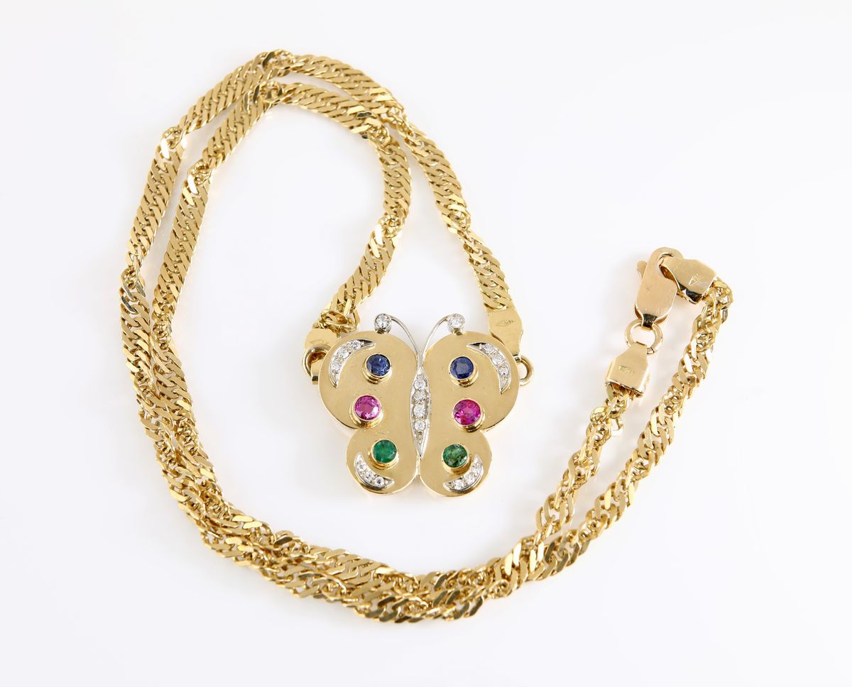 Collana Farfalla in Oro Zaffiri Rubini, Smeraldi e Brillanti