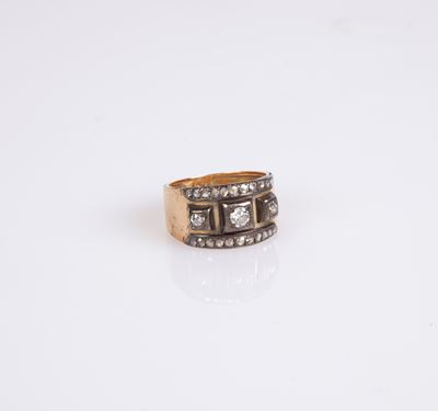 Anello Antico a Fascia in Oro Argento e Diamanti