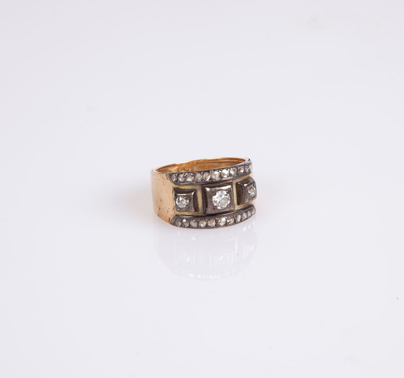 Anello Antico a Fascia in Oro Argento e Diamanti